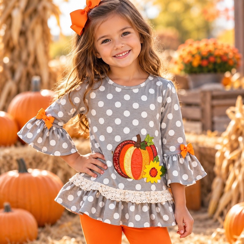 Rare Editions Pumpkin Tunic Top Girls Size 4 Gray Polka Dot Fall Applique Ruffle